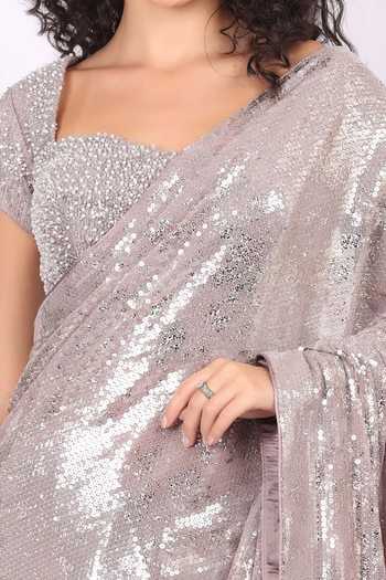 Soniya G_Silver Net Sweetheart Neck Sequinned Pre-draped Saree And Blouse Set _at_Aza_Fashions