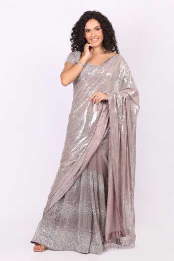 Buy_Soniya G_Silver Net Sweetheart Neck Sequinned Pre-draped Saree And Blouse Set 