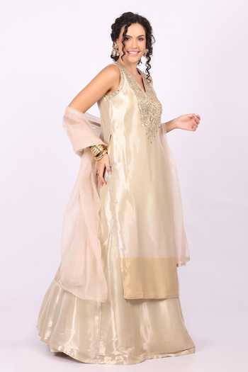 Soniya G_Gold Tissue V-neck, Yes Embroidered Yoke Kurta Gharara Set _Online_at_Aza_Fashions