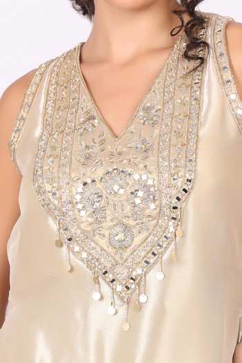 Shop_Soniya G_Gold Tissue V-neck, Yes Embroidered Yoke Kurta Gharara Set _Online_at_Aza_Fashions