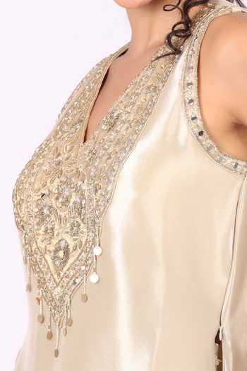 Soniya G_Gold Tissue V-neck, Yes Embroidered Yoke Kurta Gharara Set _at_Aza_Fashions