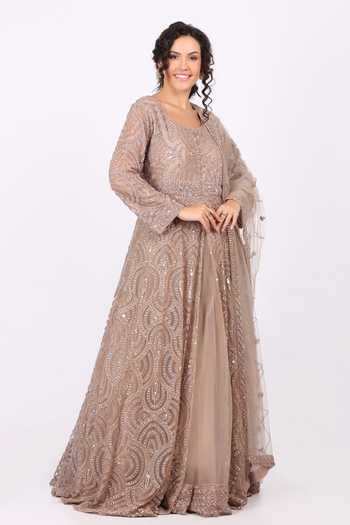 Soniya G_Gold Net Round Neck Hand Embroidered Anarkali And Dupatta Set _Online_at_Aza_Fashions