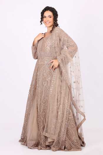 Buy_Soniya G_Gold Net Round Neck Hand Embroidered Anarkali And Dupatta Set _Online_at_Aza_Fashions