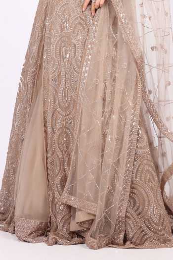 Shop_Soniya G_Gold Net Round Neck Hand Embroidered Anarkali And Dupatta Set _Online_at_Aza_Fashions