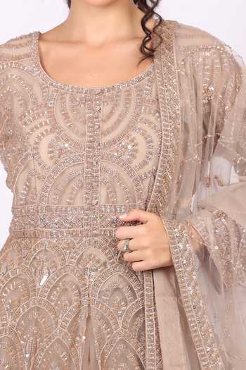 Soniya G_Gold Net Round Neck Hand Embroidered Anarkali And Dupatta Set _at_Aza_Fashions