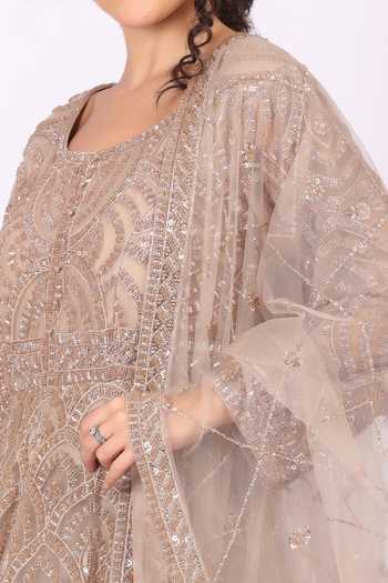 Buy_Soniya G_Gold Net Round Neck Hand Embroidered Anarkali And Dupatta Set 