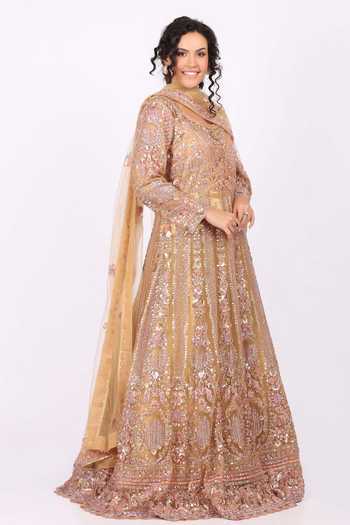 Soniya G_Pink Net Round Neck Intricately Embroidered Anarkali And Dupatta Set _Online_at_Aza_Fashions