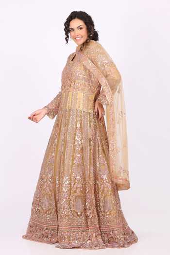 Shop_Soniya G_Pink Net Round Neck Intricately Embroidered Anarkali And Dupatta Set _Online_at_Aza_Fashions