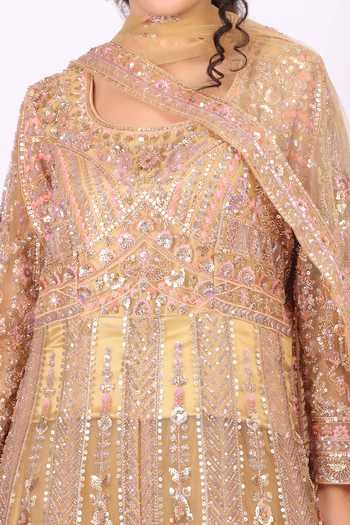 Soniya G_Pink Net Round Neck Intricately Embroidered Anarkali And Dupatta Set _at_Aza_Fashions