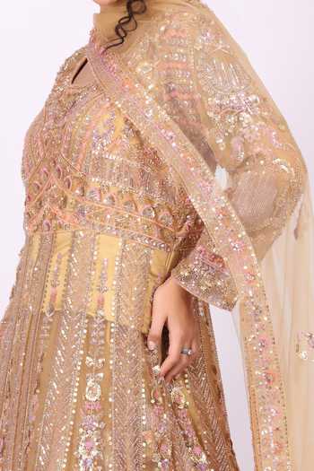 Buy_Soniya G_Pink Net Round Neck Intricately Embroidered Anarkali And Dupatta Set 