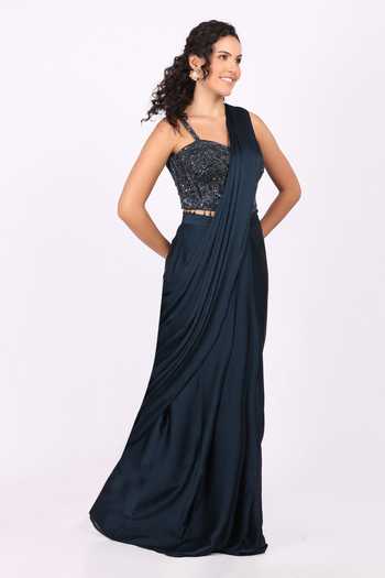 Soniya G_Blue Satin, Modal Sweetheart Neck Pre-draped Saree And Embellished Blouse Set _Online_at_Aza_Fashions
