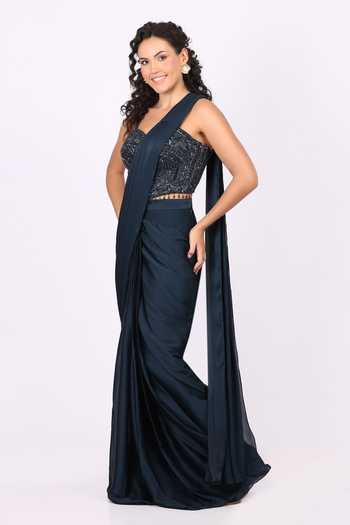 Buy_Soniya G_Blue Satin, Modal Sweetheart Neck Pre-draped Saree And Embellished Blouse Set _Online_at_Aza_Fashions