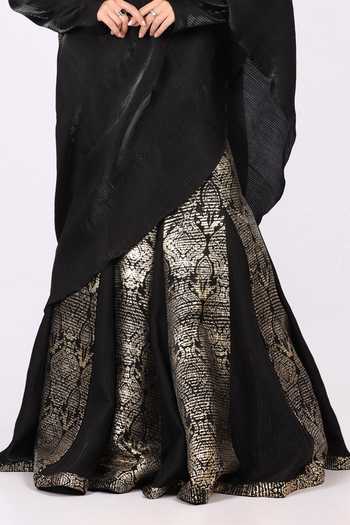 Buy_Soniya G_Black Tissue V-neck Metallic Woven Pre-draped Saree And Blouse Set _Online_at_Aza_Fashions