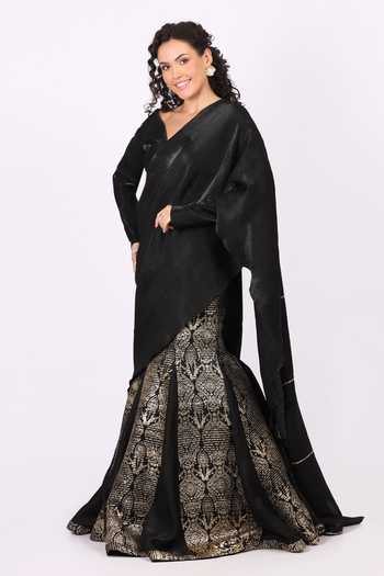 Shop_Soniya G_Black Tissue V-neck Metallic Woven Pre-draped Saree And Blouse Set _Online_at_Aza_Fashions