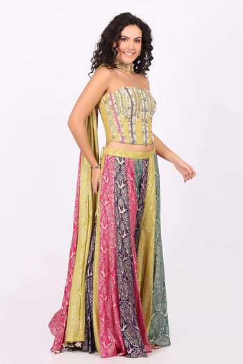 Soniya G_Multi Color Georgette Bandeau Neck Block Panel Lehenga Set _Online_at_Aza_Fashions
