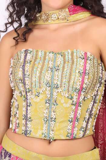 Shop_Soniya G_Multi Color Georgette Bandeau Neck Block Panel Lehenga Set _Online_at_Aza_Fashions