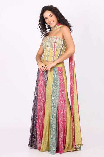 Soniya G_Multi Color Georgette Bandeau Neck Block Panel Lehenga Set _at_Aza_Fashions