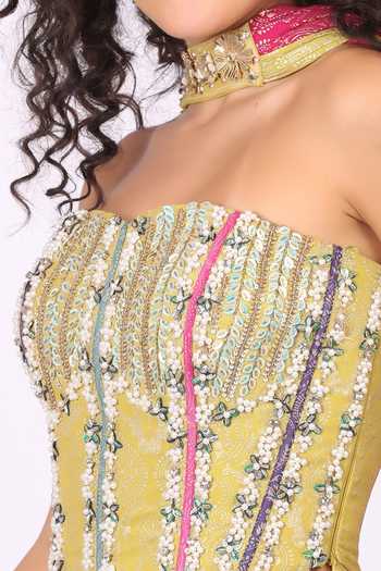 Buy_Soniya G_Multi Color Georgette Bandeau Neck Block Panel Lehenga Set 