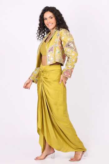 Soniya G_Yellow Satin, Modal Collared, Sweetheart Neck Embroidered Jacket Skirt Set _Online_at_Aza_Fashions