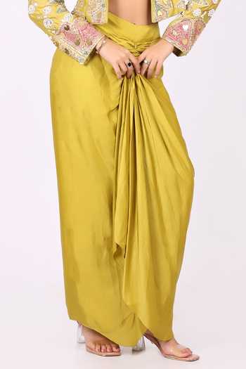 Buy_Soniya G_Yellow Satin, Modal Collared, Sweetheart Neck Embroidered Jacket Skirt Set _Online_at_Aza_Fashions