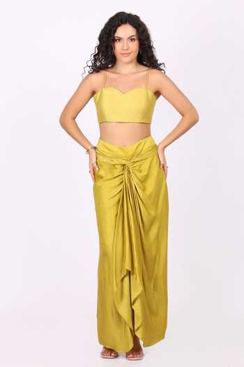 Shop_Soniya G_Yellow Satin, Modal Collared, Sweetheart Neck Embroidered Jacket Skirt Set _Online_at_Aza_Fashions