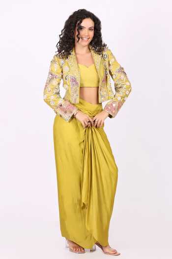 Soniya G_Yellow Satin, Modal Collared, Sweetheart Neck Embroidered Jacket Skirt Set _at_Aza_Fashions