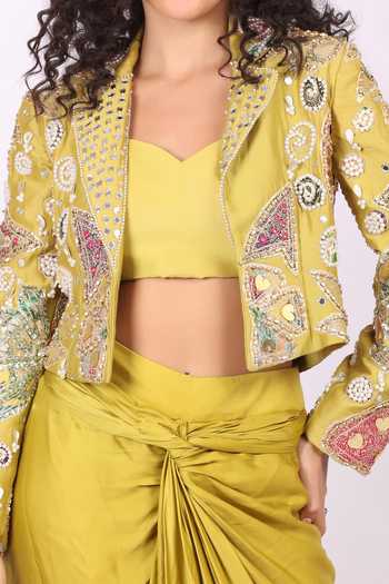 Buy_Soniya G_Yellow Satin, Modal Collared, Sweetheart Neck Embroidered Jacket Skirt Set 