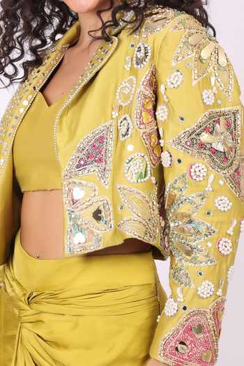 Shop_Soniya G_Yellow Satin, Modal Collared, Sweetheart Neck Embroidered Jacket Skirt Set 