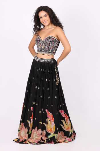 Soniya G_Black Georgette Bandeau Neck Floral Embroidered Lehenga And Blouse Set _Online_at_Aza_Fashions
