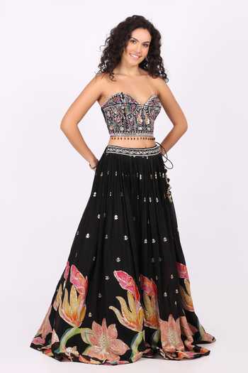 Shop_Soniya G_Black Georgette Bandeau Neck Floral Embroidered Lehenga And Blouse Set _Online_at_Aza_Fashions