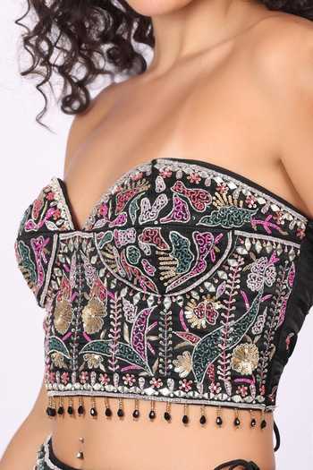 Buy_Soniya G_Black Georgette Bandeau Neck Floral Embroidered Lehenga And Blouse Set 