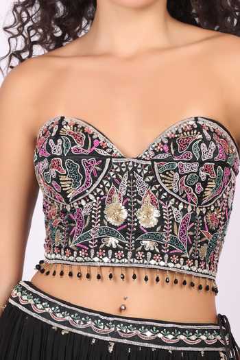 Shop_Soniya G_Black Georgette Bandeau Neck Floral Embroidered Lehenga And Blouse Set 