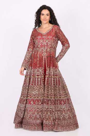 Soniya G_Red Net V-neck Crystal Embroidered Anarkali Lehenga Set _Online_at_Aza_Fashions