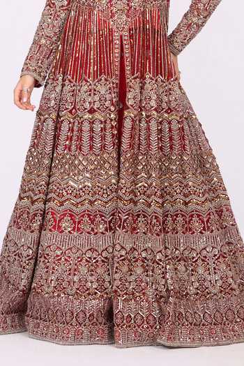 Buy_Soniya G_Red Net V-neck Crystal Embroidered Anarkali Lehenga Set _Online_at_Aza_Fashions