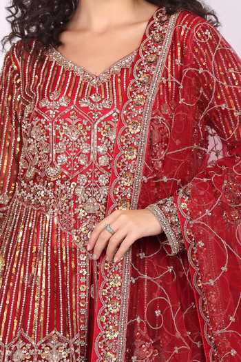 Shop_Soniya G_Red Net V-neck Crystal Embroidered Anarkali Lehenga Set _Online_at_Aza_Fashions