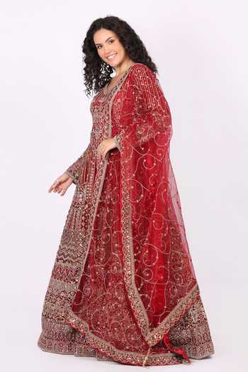 Soniya G_Red Net V-neck Crystal Embroidered Anarkali Lehenga Set _at_Aza_Fashions