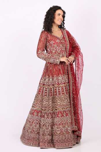 Buy_Soniya G_Red Net V-neck Crystal Embroidered Anarkali Lehenga Set 