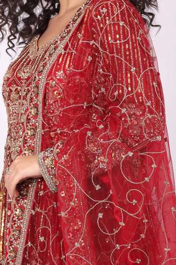 Shop_Soniya G_Red Net V-neck Crystal Embroidered Anarkali Lehenga Set 