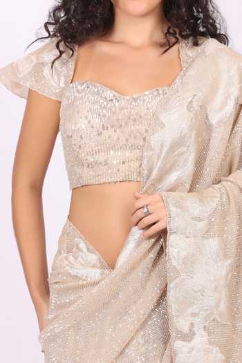 Soniya G_Gold Net Sweetheart Neck Sequined Pre-draped Saree And Blouse Set _Online_at_Aza_Fashions