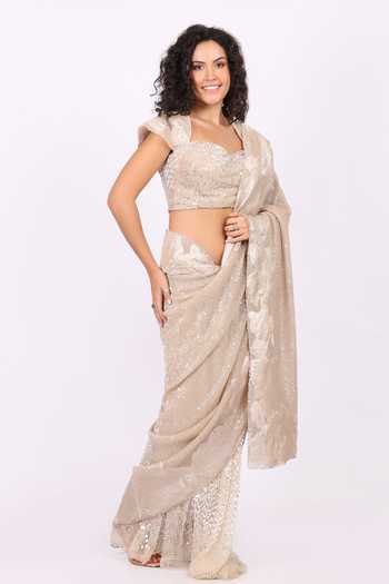 Buy_Soniya G_Gold Net Sweetheart Neck Sequined Pre-draped Saree And Blouse Set _Online_at_Aza_Fashions