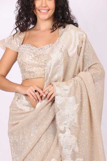 Shop_Soniya G_Gold Net Sweetheart Neck Sequined Pre-draped Saree And Blouse Set _Online_at_Aza_Fashions