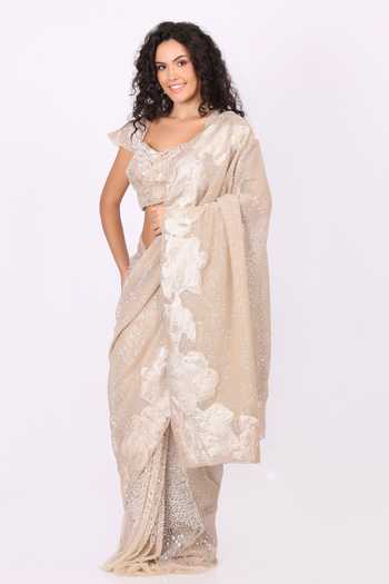 Buy_Soniya G_Gold Net Sweetheart Neck Sequined Pre-draped Saree And Blouse Set 