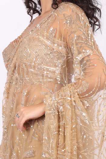 Buy_Soniya G_Gold Net Sweetheart Neck Embroidered Pre-draped Saree And Blouse Set _Online_at_Aza_Fashions