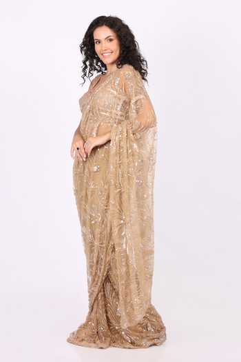 Soniya G_Gold Net Sweetheart Neck Embroidered Pre-draped Saree And Blouse Set _at_Aza_Fashions