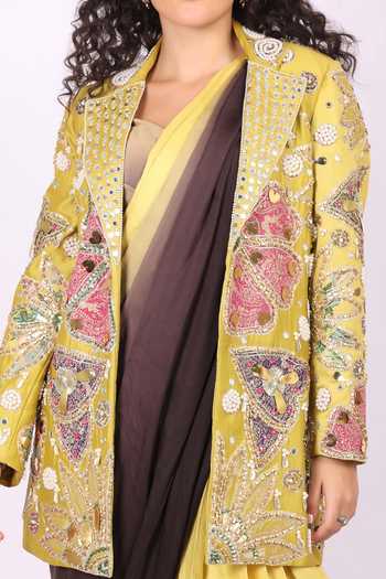 Soniya G_Yellow Satin, Modal V-neck, Floral Embroidered Jacket And Pre-draped Saree Set _Online_at_Aza_Fashions