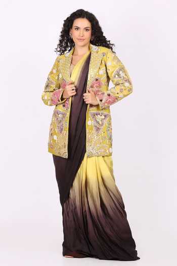 Soniya G Floral Embroidered Jacket & Pre-Draped Saree Set 