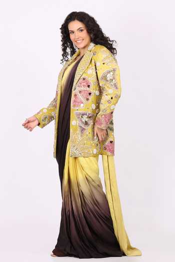 Soniya G_Yellow Satin, Modal V-neck, Floral Embroidered Jacket And Pre-draped Saree Set _at_Aza_Fashions