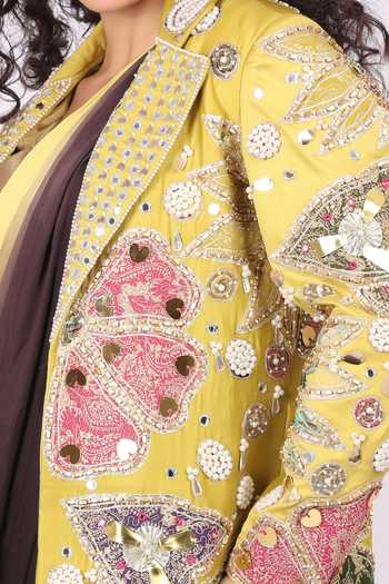 Buy_Soniya G_Yellow Satin, Modal V-neck, Floral Embroidered Jacket And Pre-draped Saree Set 