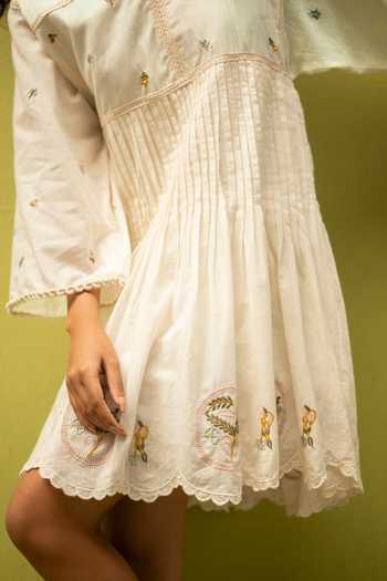 Buy_Vaani Beswal_Ivory Cotton Split V-neck Hayflield Handwoven Dress _Online_at_Aza_Fashions