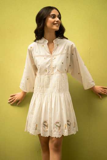 Shop_Vaani Beswal_Ivory Cotton Split V-neck Hayflield Handwoven Dress _Online_at_Aza_Fashions